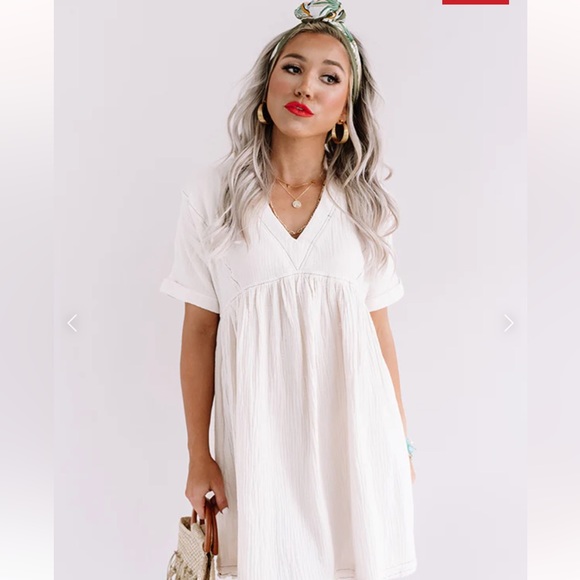 Pink Lily Beach Boho Cream Double Gauze Babydoll Mini Dress w/ Pockets sz L - Picture 16 of 16